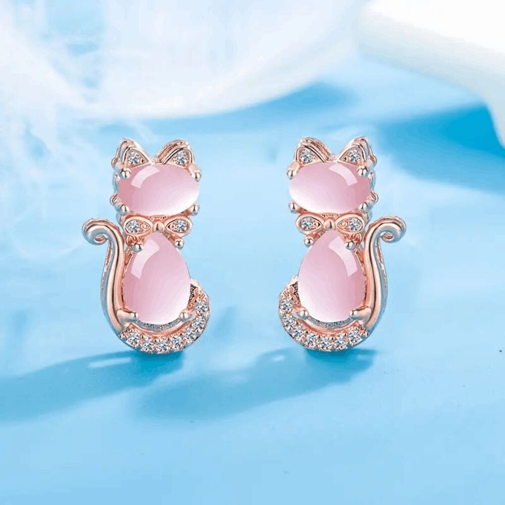 Diamond Pink Opal Cat Stud Earrings